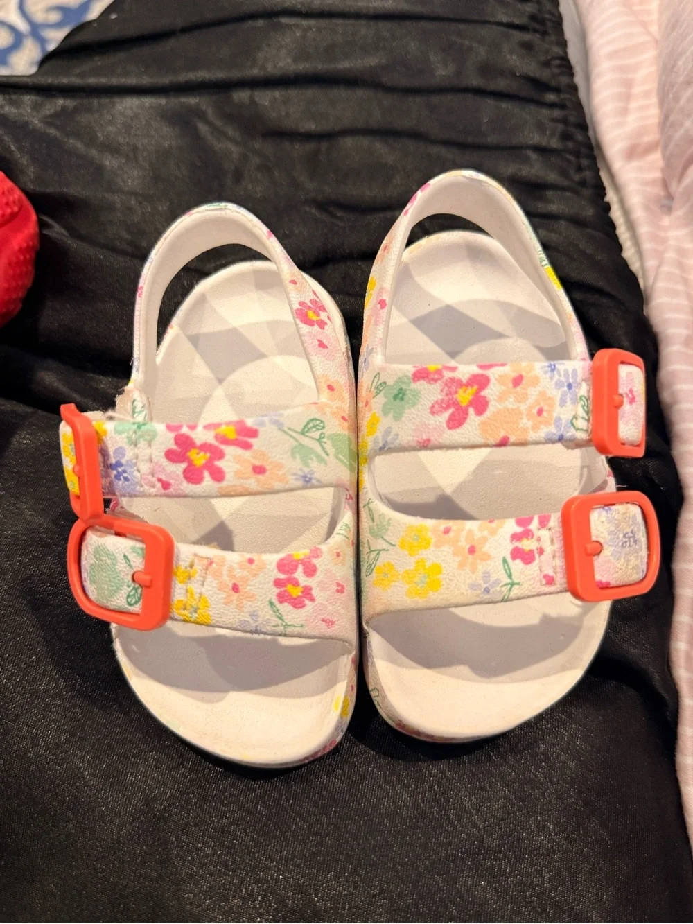 CROCS Kids Floral Sandals in White with Multicolor Flowers and Orange Buckles